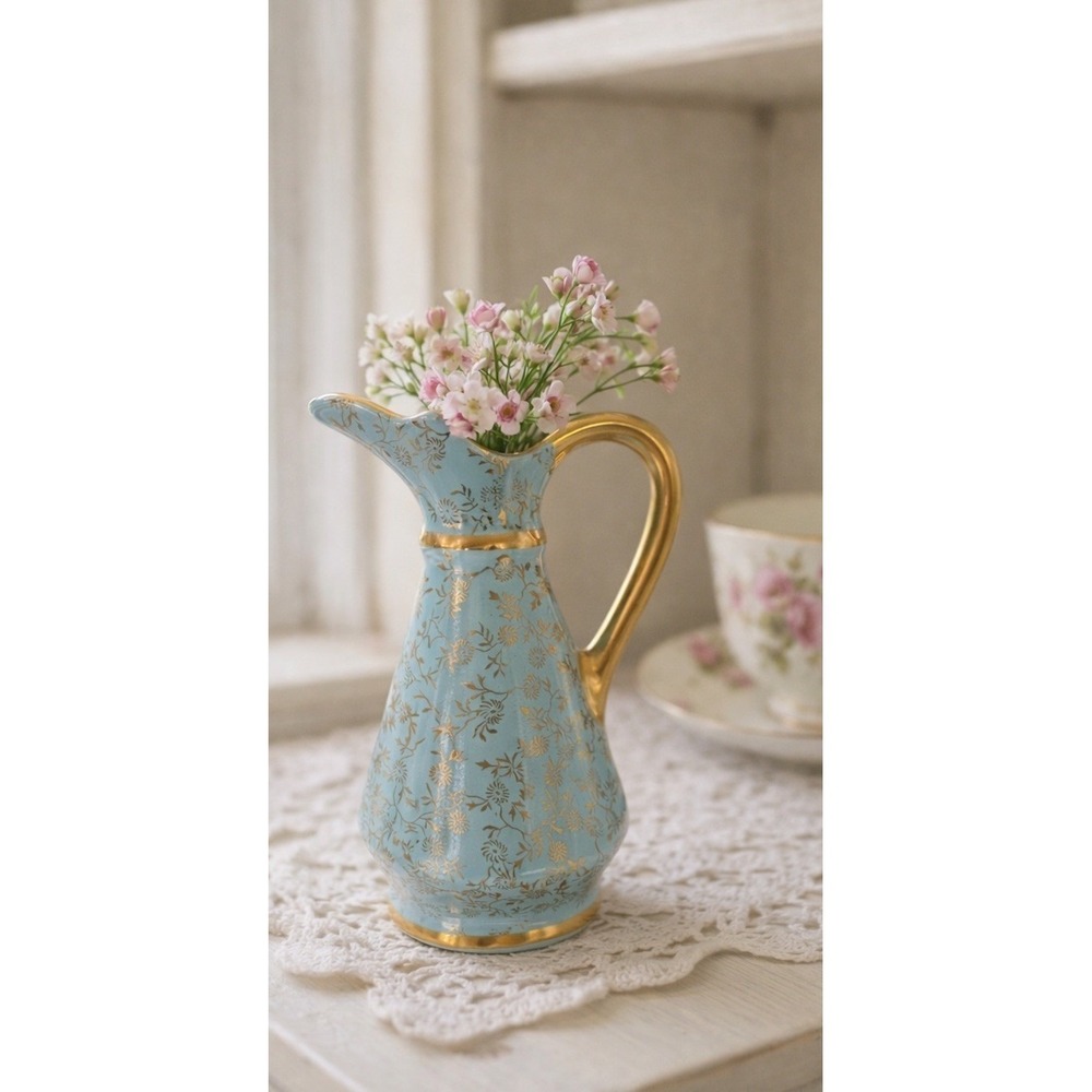 Vintage Pearl China Co Blue Mini Pitcher Bud Vase Creamer 22K Gold Floral